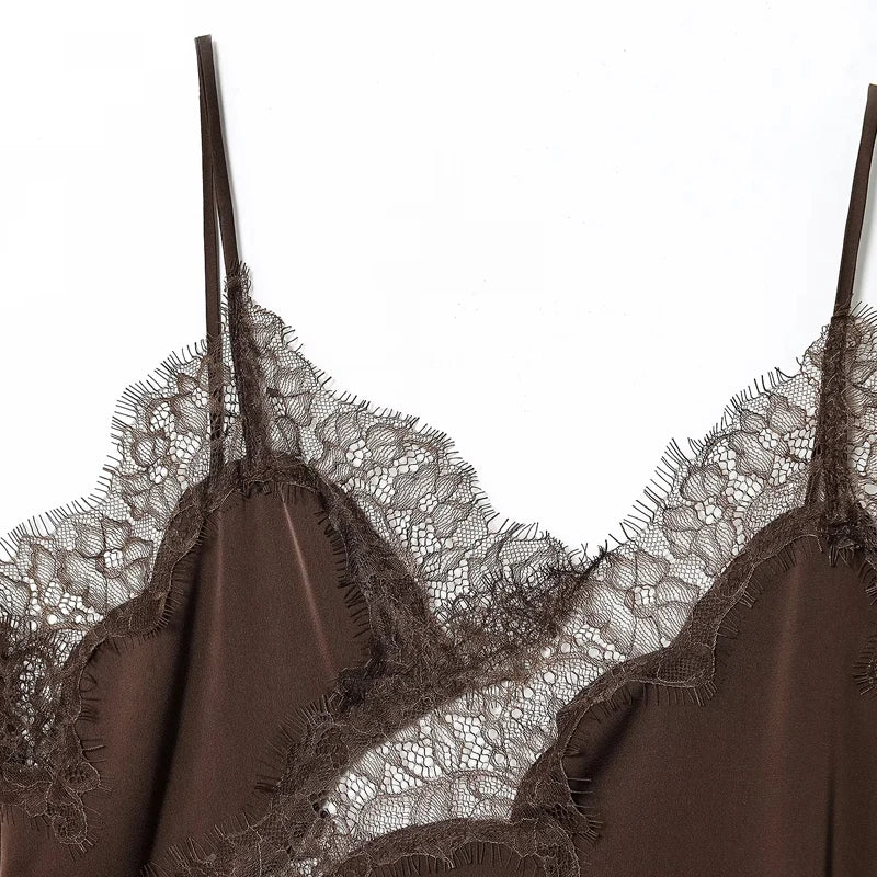 Black Satin Asymmetrical Lace Slip Dress