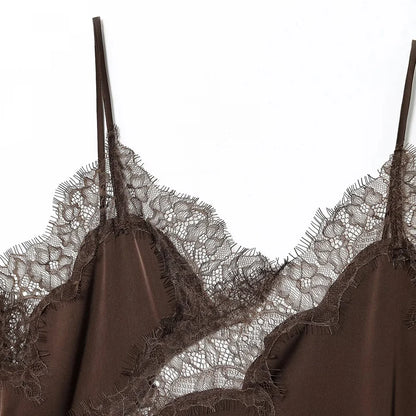 Black Satin Asymmetrical Lace Slip Dress