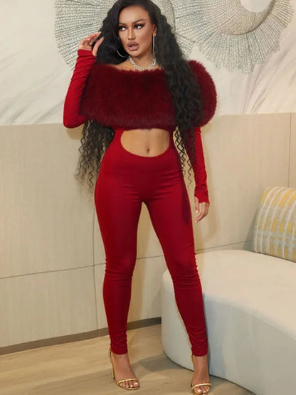 Feather Trim Slash Neck Jumpsuit