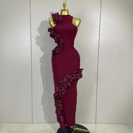 3D Flowers Sleeveless Wine Red Long