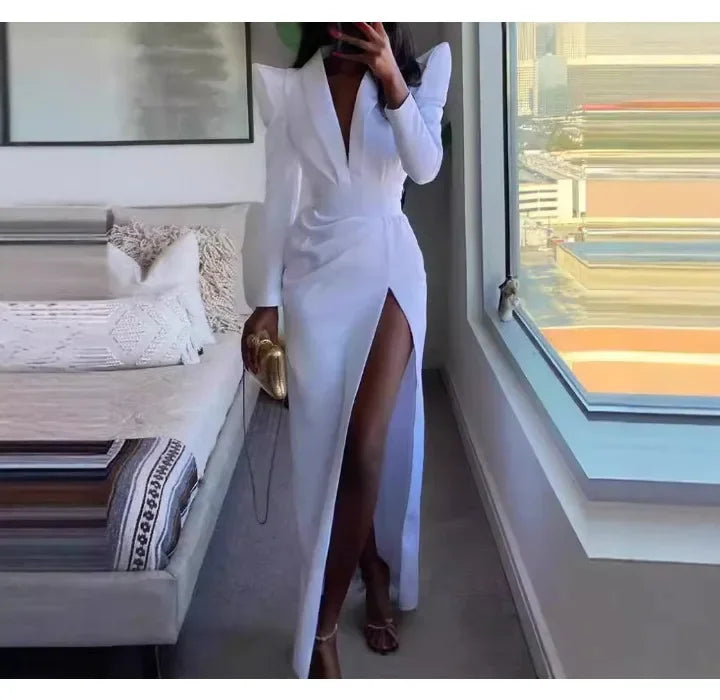 V-Neck High-Slit Long Dress