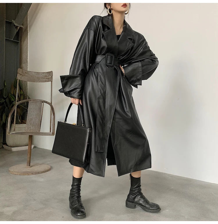 Lautaro Long oversized leather trench coat for women long sleeve lapel loose fit Fall Stylish black women clothing streetwear