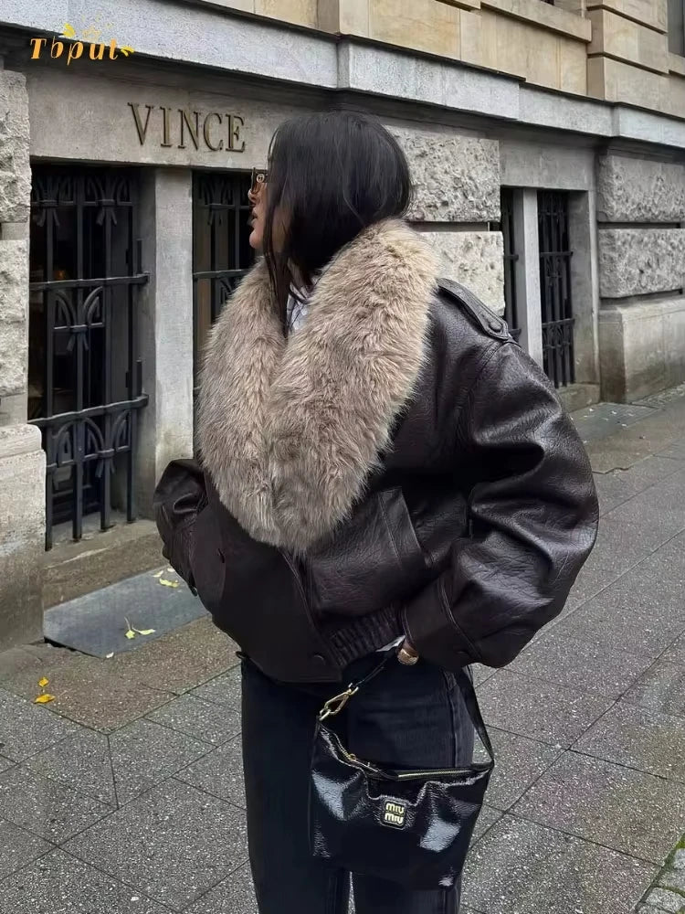 Vintage Faux Fur Collar Faux Leather Jacket
