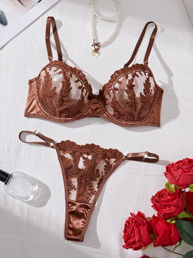 Mesh Embroidery Bra and Panty Set