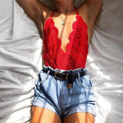 Bodysuit Sleeveless Backless V Neck Lace