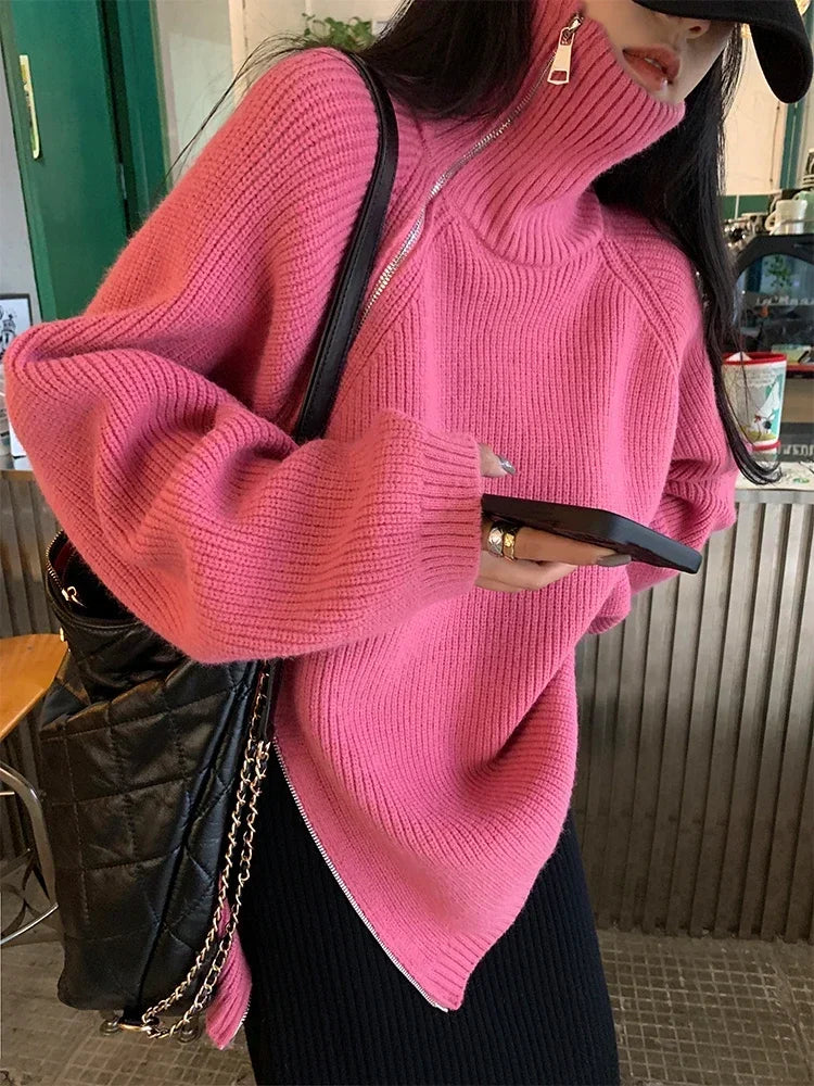 Oversized Turtleneck Zipper Sweater
