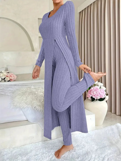 Solid Round Collar Slit Top and Trousers Set