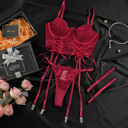 3-Piece Lace Bra, Panty, and Garter Set