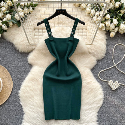 Square Neck Knit Button Bodycon Dress