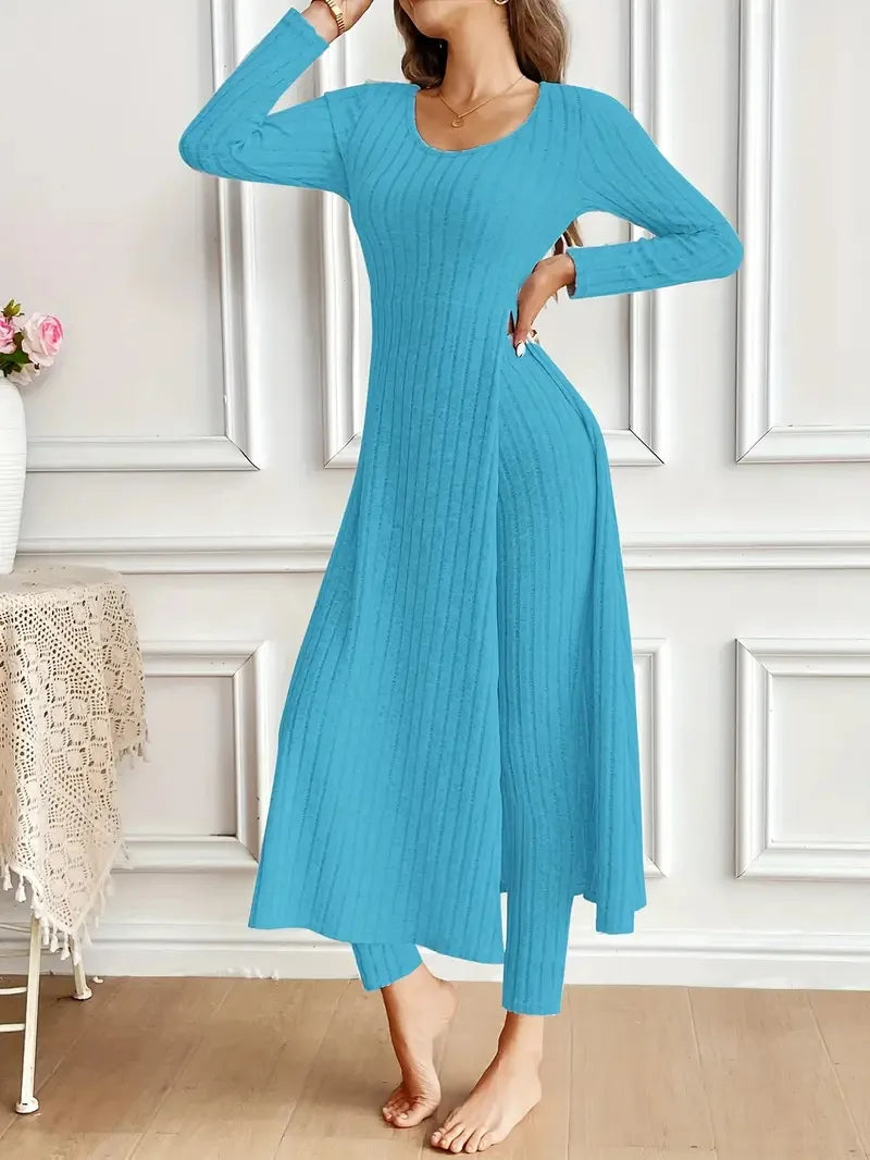 Solid Round Collar Slit Top and Trousers Set