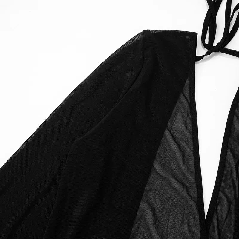 Women Sexy See Through Mesh Mini Dress Deep V-neck Lace Up Backless Flare Long Sleeve Ribbon Party Clubwear Holiday Outfits