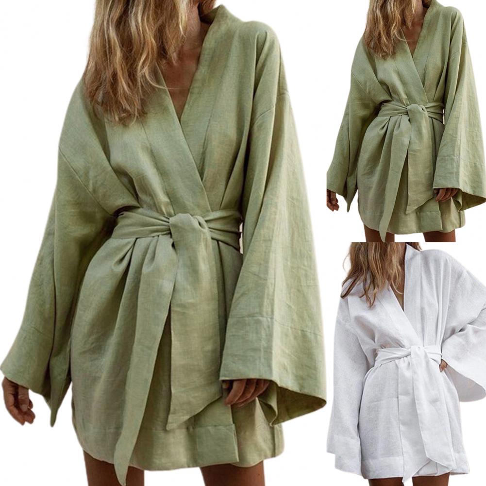 Long Sleeve V Neck Mini Dress Lace Up V Neck Belt Robe Style Short Shirt Dress Comfy Soft Chic Loose Hem Cardigan Dress