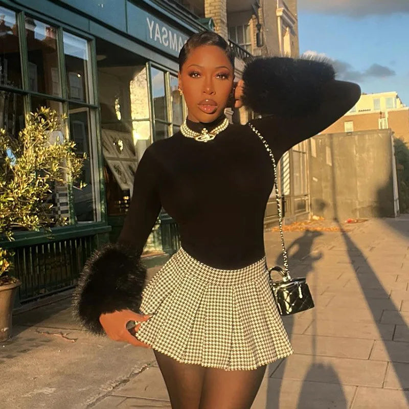 FAGADOER Winter New Sexy Fur Patchwork 2 Pieces Set for Woman Outfits Long Sleeves Bodycon Playsuits + Shorts Female Streetwear