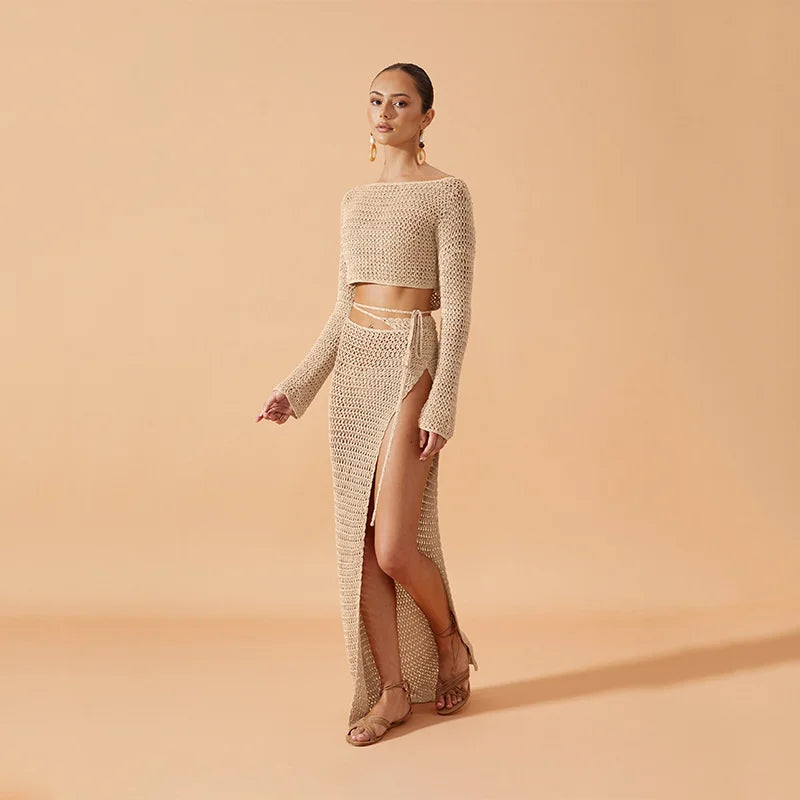 Crop Top and High Waist Skirt for Women, Sexy Lace Up, Long Knit Dress, Sarong, Crochet Swimwear, Swimsuit, Bikini Cover Up, 2PC