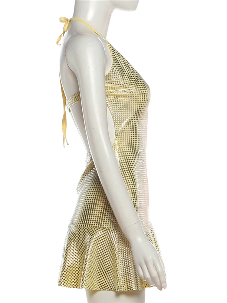 Weird Puss Sequin Patch Dress Women Sexy Deep V-Neck Patchwork Hem Chest Wrapped Stretch Sleeveless Clubwear Birthday Bodycon