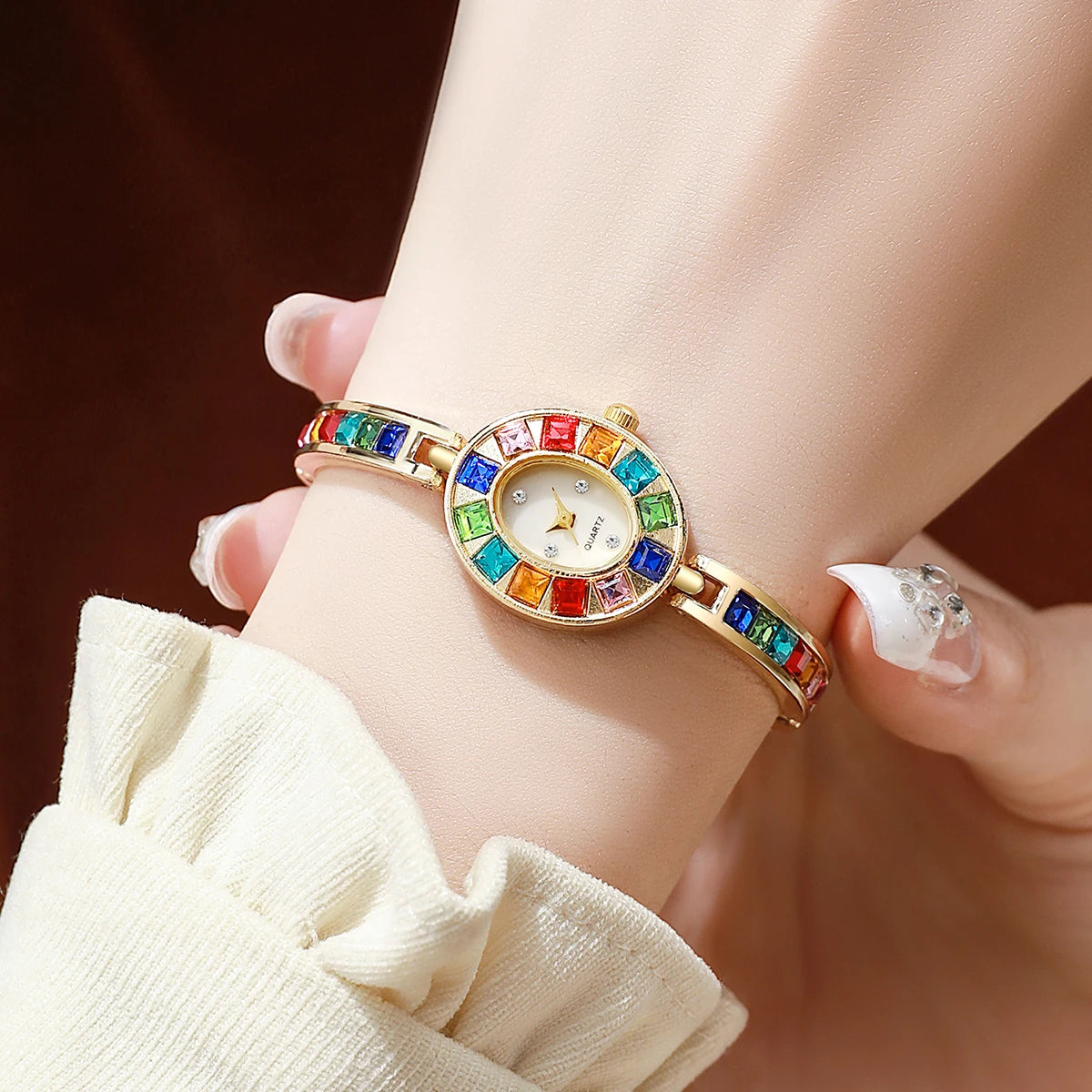2PC Women's Retro Style Quartz Watch Elegant Ladies' Style Colorful Diamond Set Dial Compact Watch With Bracelet Holiday Gift