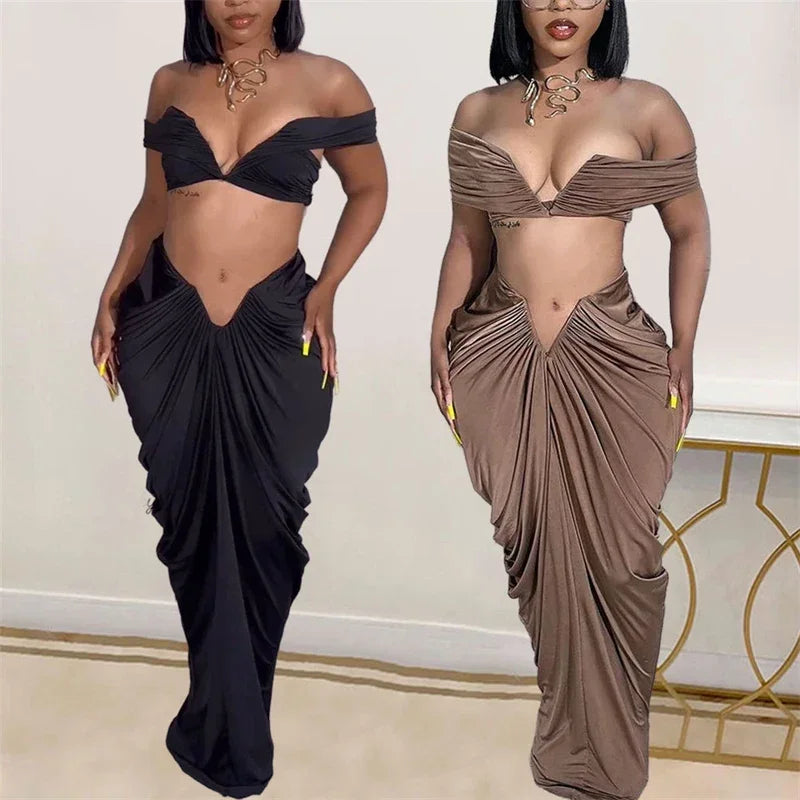 Sexy Party Night Ruched Maxi Dress Sets for Women Two Piece Set Sexy Club Outfits Slash Neck Crop Top + Long Skirt Matching Sets