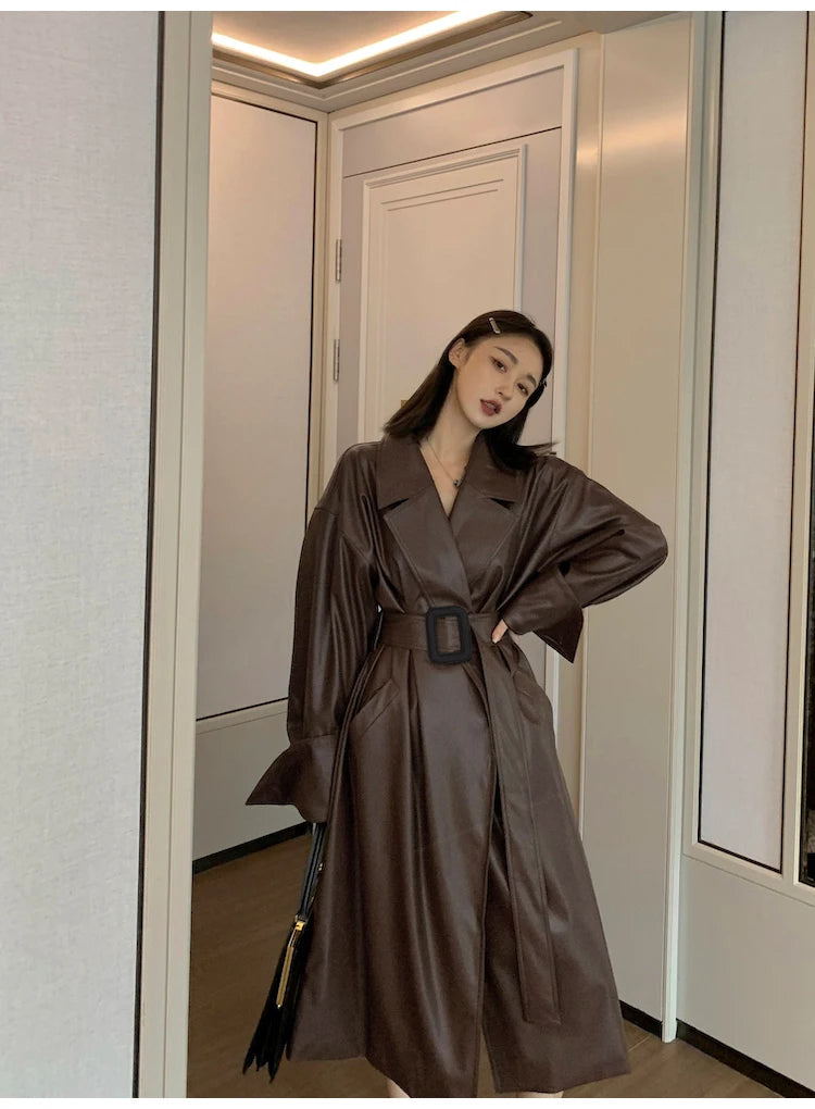 Lautaro Long oversized leather trench coat for women long sleeve lapel loose fit Fall Stylish black women clothing streetwear