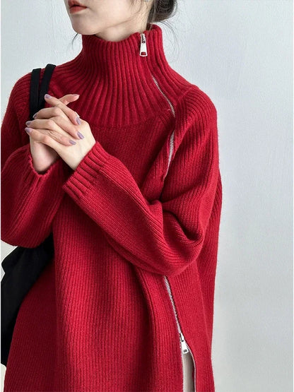Oversized Turtleneck Zipper Sweater