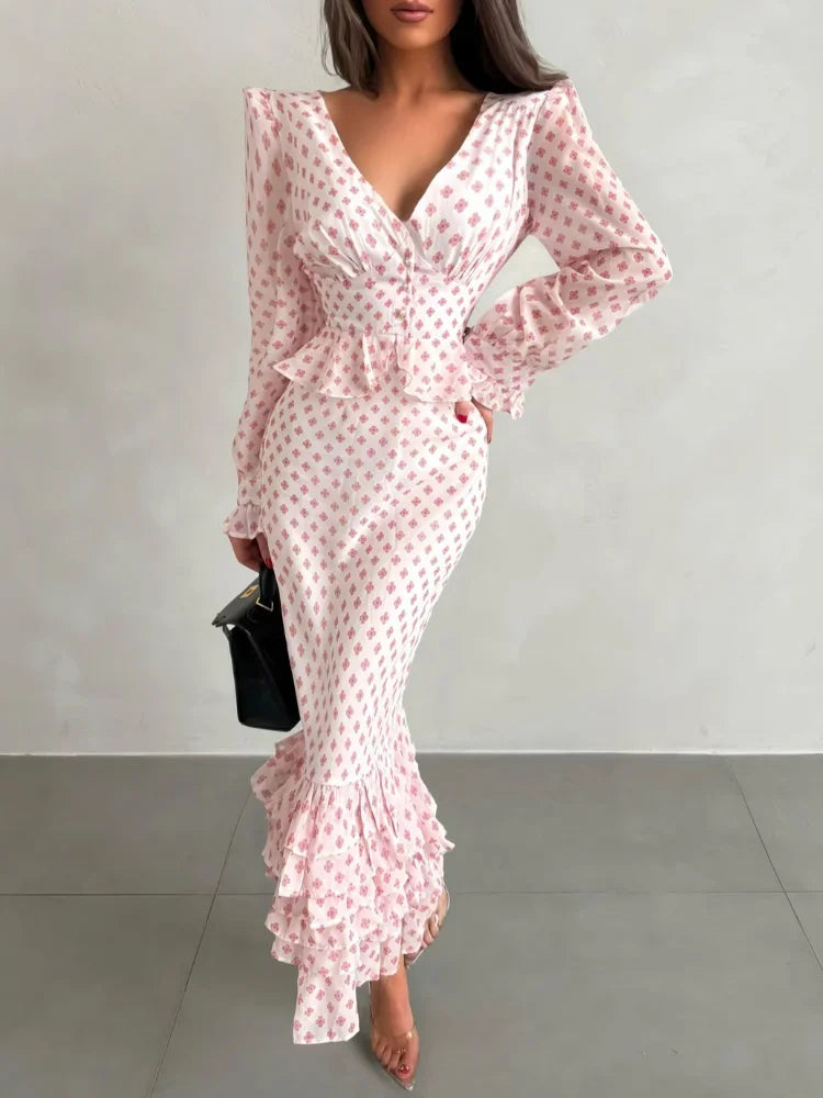 Ruffled-edge Dress Chic V-neck Long Sleeve