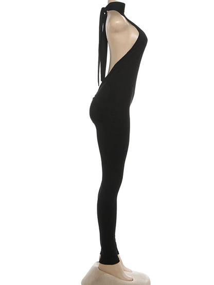 Y2K Backless Halter Fitness Jumpsuit