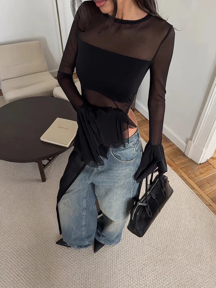 Nibber Irregular Hem t-Shirt Women Patchwork Sexy o-Neck Flared Sleeves Summer Daily Fashion Midnight Skinny Hottie Long Tops