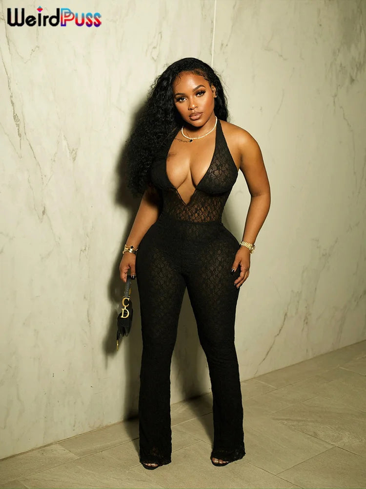 Weird Puss Sexy Mesh Halter Jumpsuit Women Backless Skinny Low-Neck Midnight Birthday Party Clubwear Activity Workout Overalls