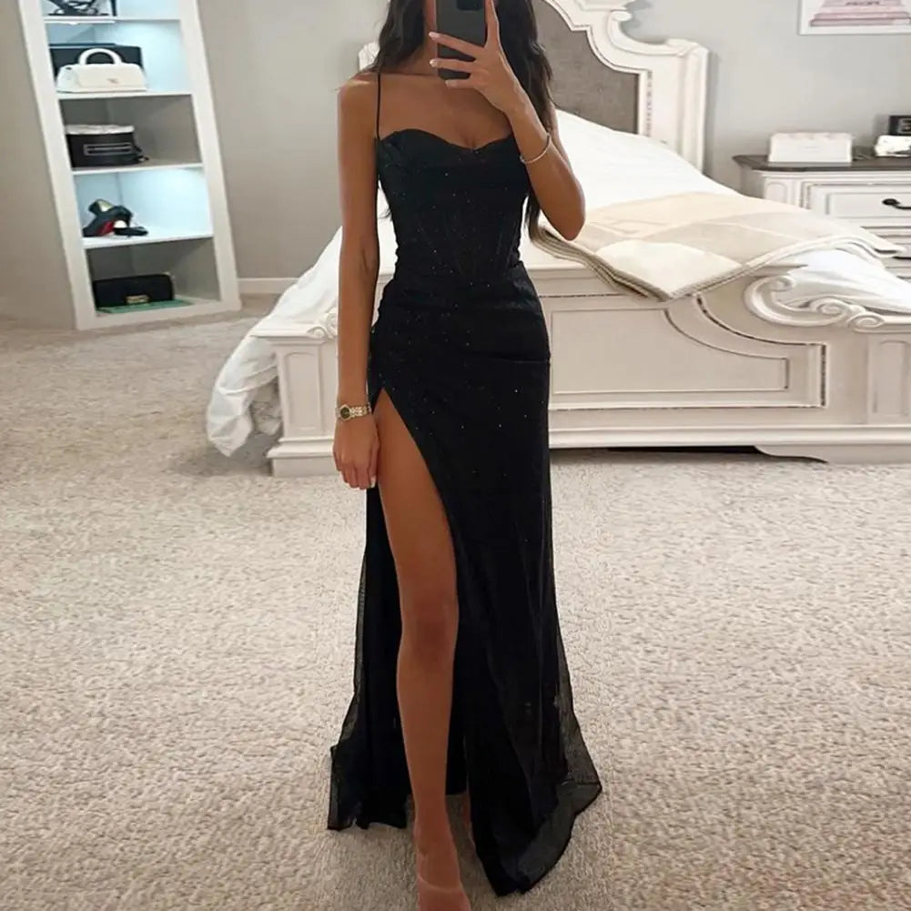 Woman Spring Summer Bodycon Dress Sexy Shiny Sequins Spaghetti Strap Split High Waist Dress Lady Prom Dress Evening Dresses