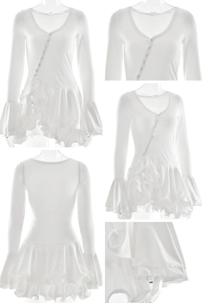 V-Neck Ruffle Hem Asymmetrical Button Mini Dress