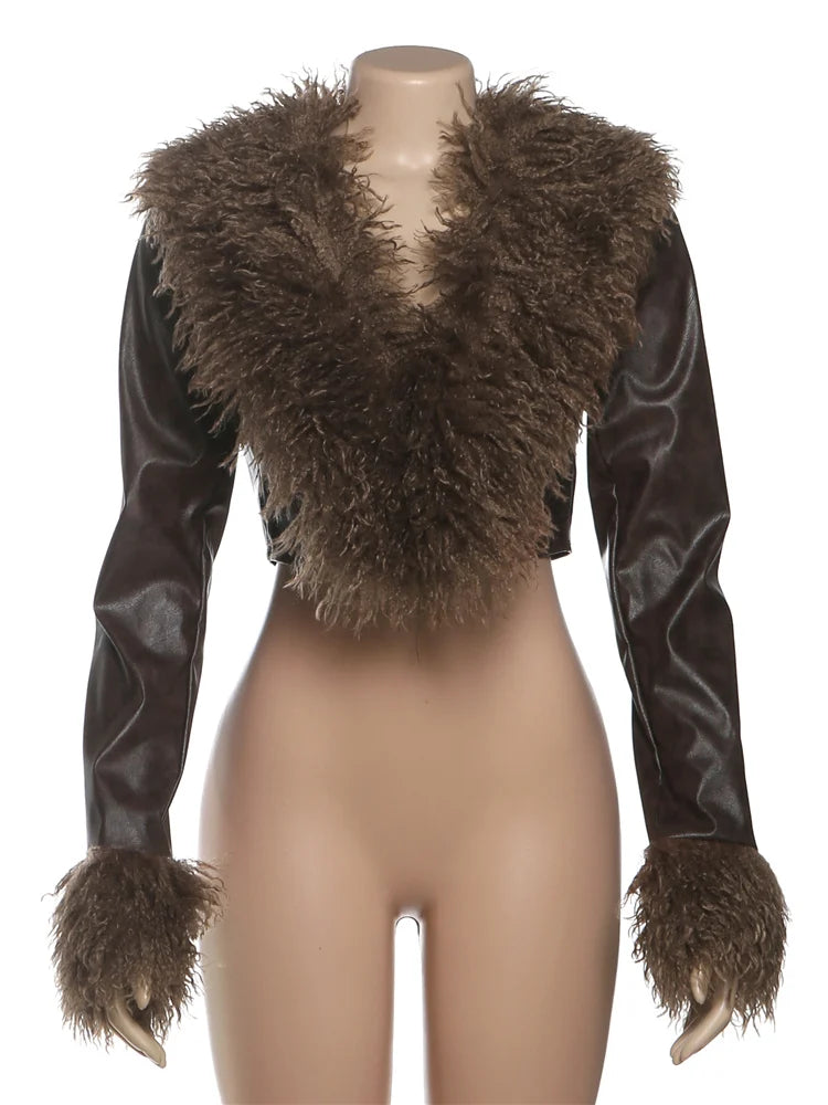 Nibber Wild Coats Woman Furry Tassel Decoration Autumn Trend Low-Neck Full Sleeve Navel Exposed High Street Style Classic Tops