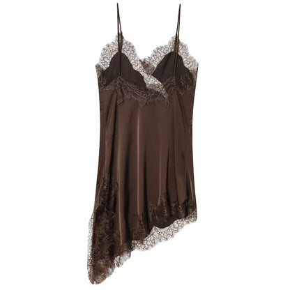 Black Satin Asymmetrical Lace Slip Dress