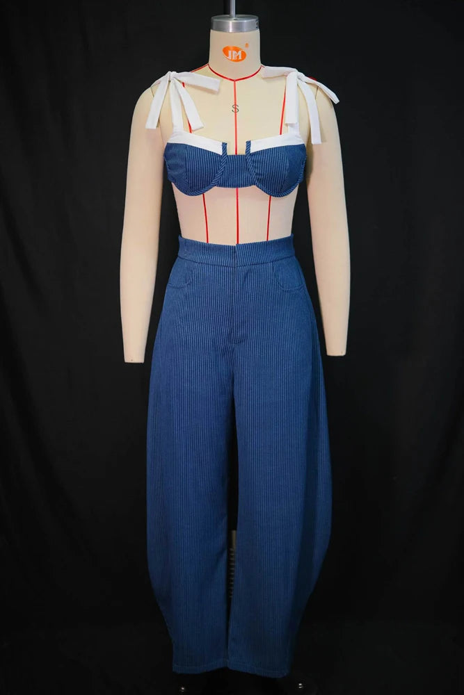 Sets Striped Patchwork Straps Bow Crop