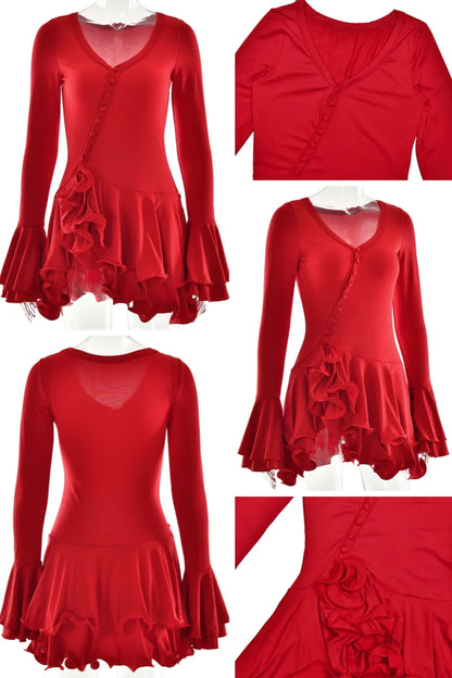 V-Neck Ruffle Hem Asymmetrical Button Mini Dress
