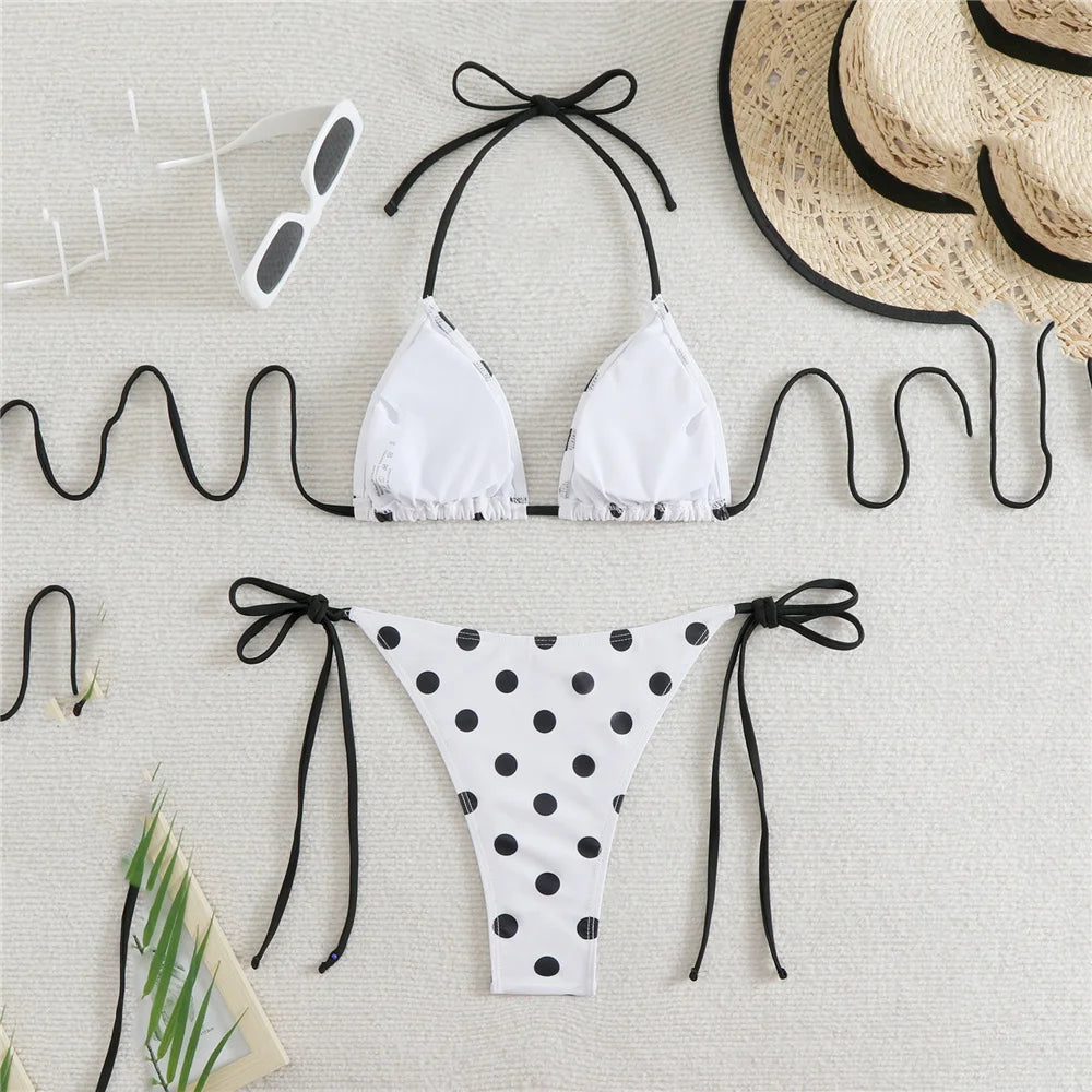 Polka Dot Print Swimsuit Halter String