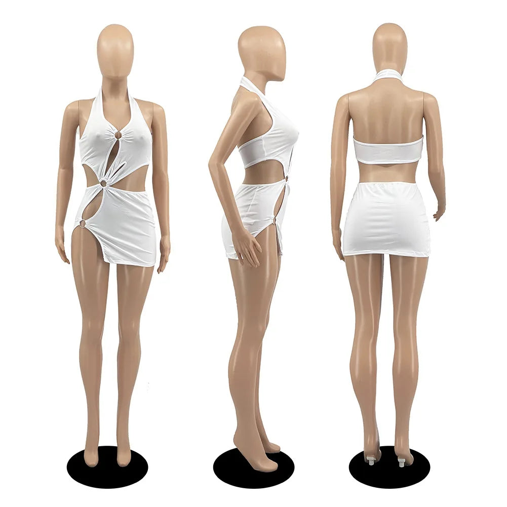 Summer Dresses Woman 2022 High Street Stretch Slim Hollow Sexy Mini Bodycon Dress Elegant Orange Sleeveless Club Party Sundress