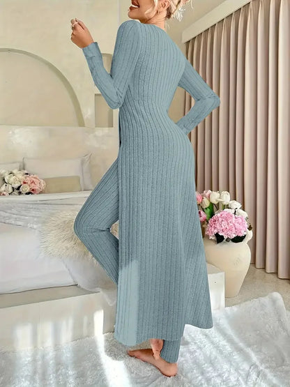 Solid Round Collar Slit Top and Trousers Set