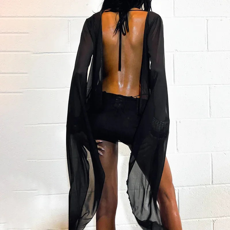 Women Sexy See Through Mesh Mini Dress Deep V-neck Lace Up Backless Flare Long Sleeve Ribbon Party Clubwear Holiday Outfits