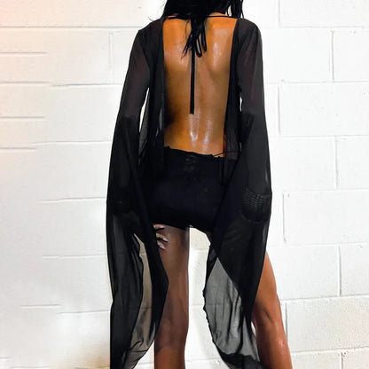 See-Through Mesh Flare Sleeve Mini Dress