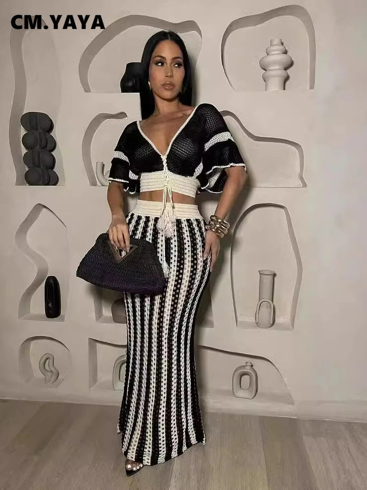 Knitted Hollow-Out Top & Skirt Set
