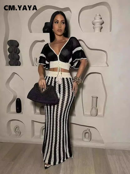 Knitted Hollow-Out Top & Skirt Set