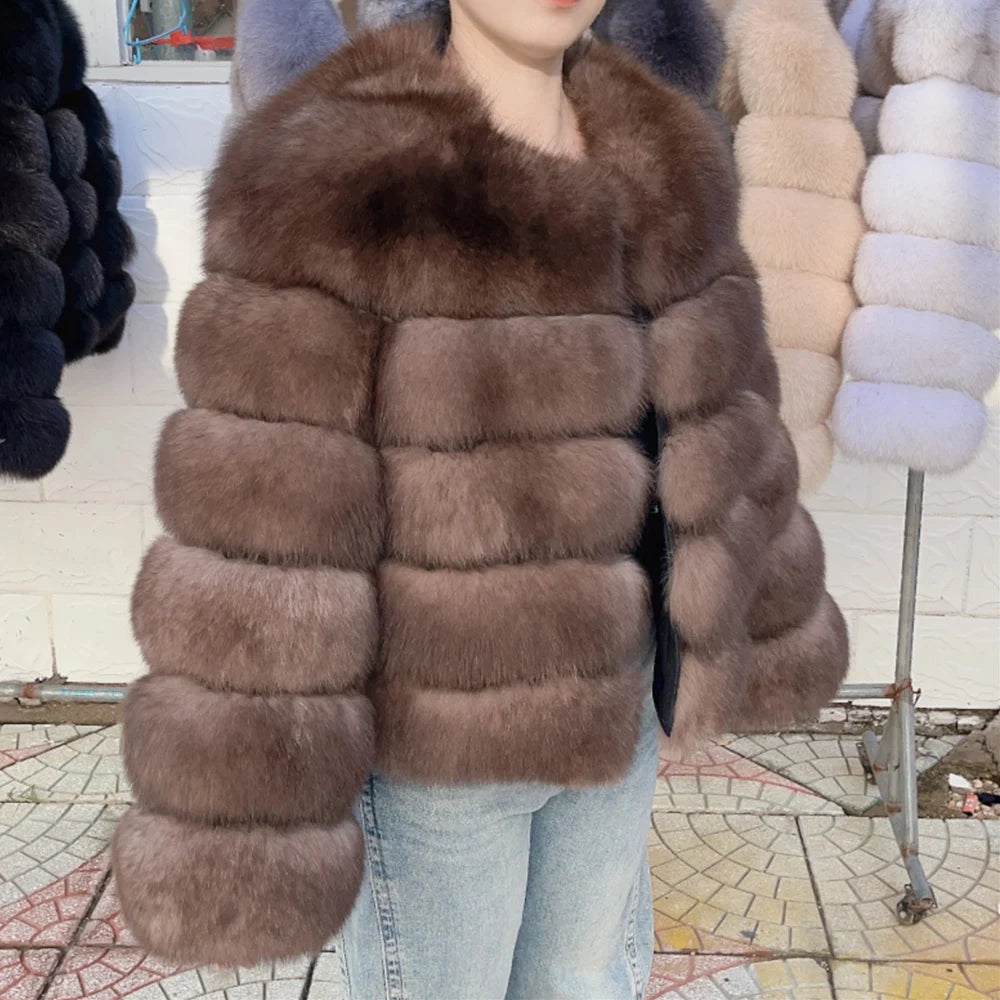 QUEENTINA Fox Fur Coat Real Brown
