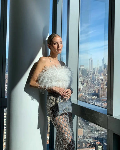 Feather Bandage Top & Sequined Skirt Set