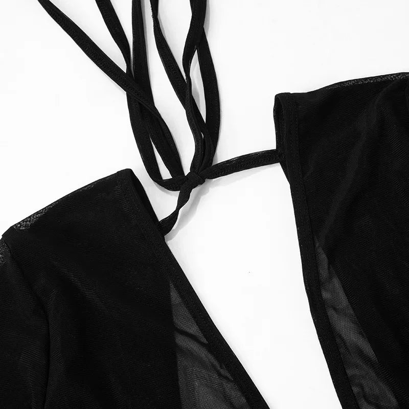 Women Sexy See Through Mesh Mini Dress Deep V-neck Lace Up Backless Flare Long Sleeve Ribbon Party Clubwear Holiday Outfits