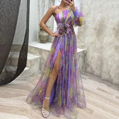 Formal Party Dress One Shoulder Tie-dye