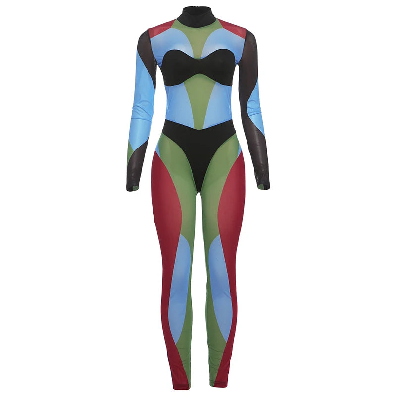 Nibber Colorful Print Jumpsuits Woman Turtleneck Full Sleeve Sexy See Through Skinny Peach Hip Hottie Street Fashion Overalls