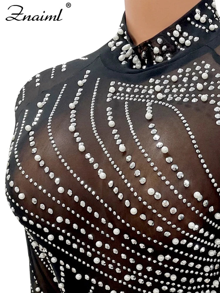 Feather & Rhinestone Mesh Party Dress