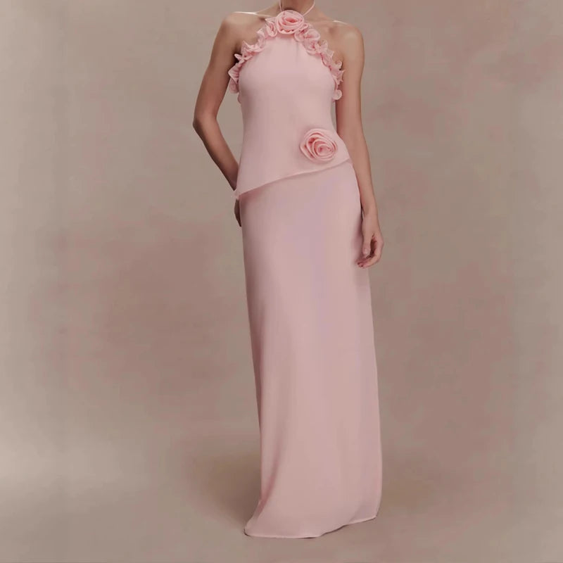 Dimensional Flower Solid Evening Dress Sleeveless