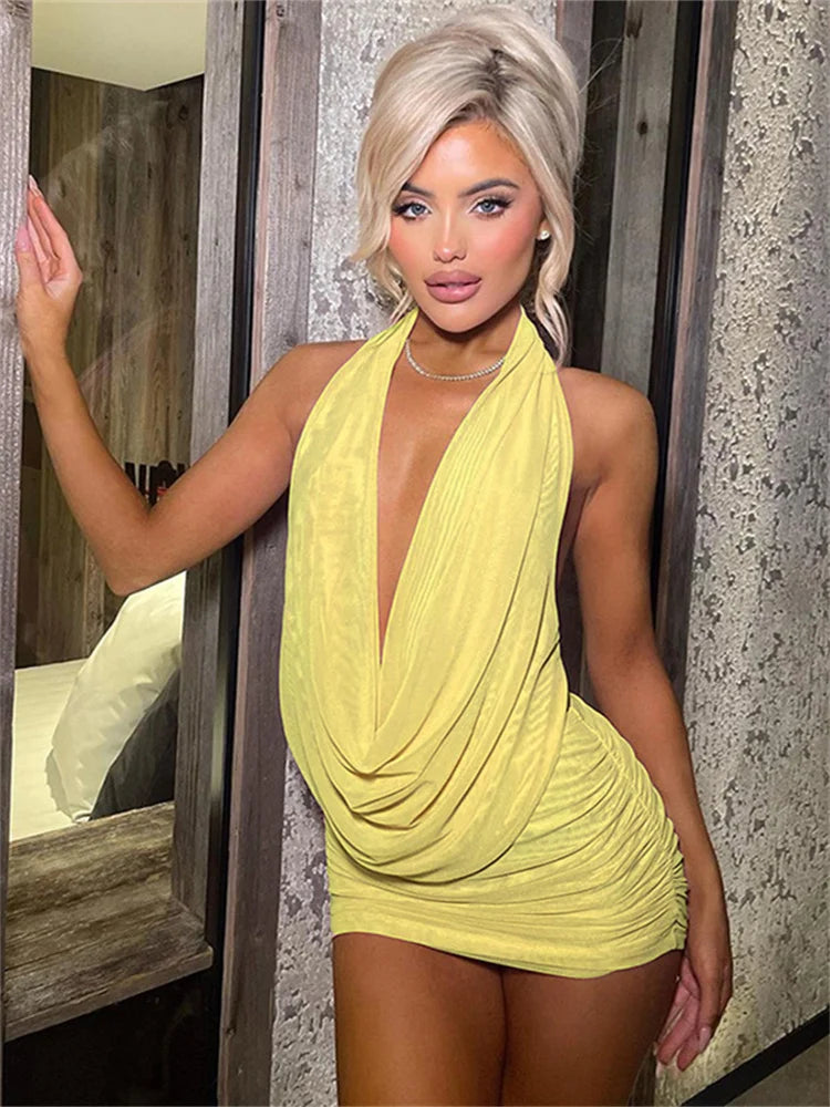 kliou Mesh Swinging Pleated Women 2 Piece Set Summer Solid Simple Halter Backless Chic Tops+Shirring Mini Skirts Coordinate Suit