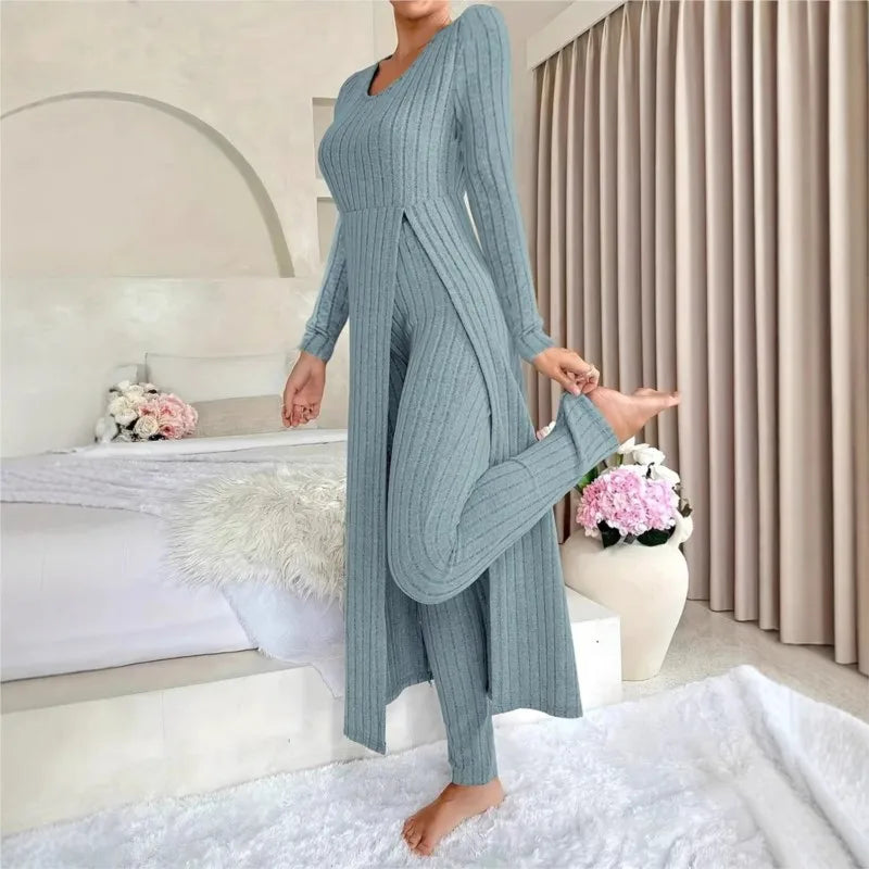 O-Neck Split Top & Slim Trousers Lounge Set
