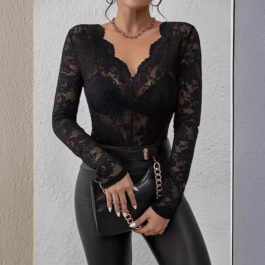 See Through Flower Lace T Shirt